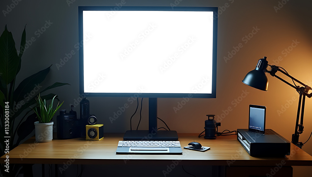 Poster modern workspace setup includes a worktable with a cinema light box and various accessories for busi