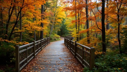 Colorful autumn pathway through a serene woodland setting with vibrant foliage and wooden bridge