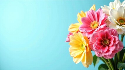 A bouquet of beautiful multicolored flowers, light blue background, free space for text