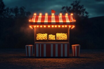 Vintage Popcorn Stand at Night with Bright Light and Colorful Stripes