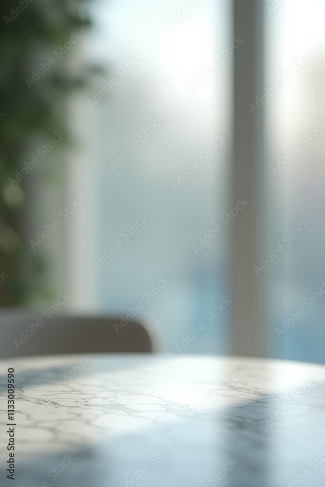 Poster Marble tabletop with blurred abstract window reflections in the distance on a frosted glass background._00002_