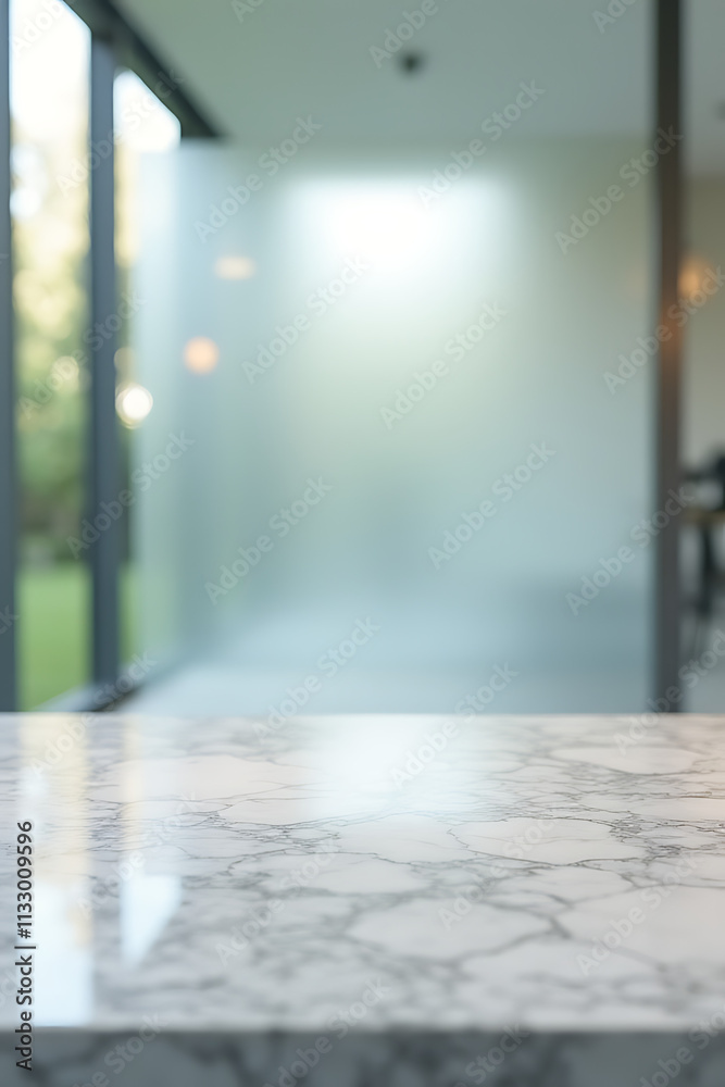 Poster Marble tabletop with blurred abstract window reflections in the distance on a frosted glass background._00001_