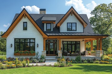 Modern farmhouse-style front porch with white brick, wood accents, black roof and windows, flower beds, lush grass, and clear blue sky backdrop.