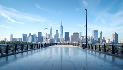City skyline view from an empty elevated walkway under a clear blue sky during daytime