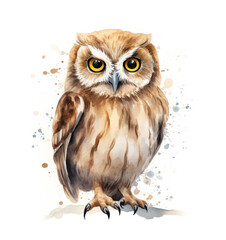 Fototapeta premium Charming owl in watercolor technique: soft colors and the expression of the eyes convey his innocence