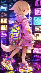 A stylish character with a backpack and colorful attire stands against a neon backdrop.