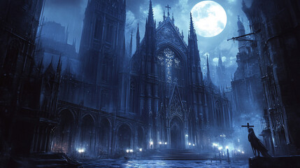Obraz premium A dark, gothic cathedral illuminated by moonlight, with gargoyles perched on the edges and candles flickering inside. 