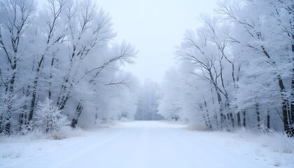 Snowy winter landscape with frosted trees and soft powder resting on the ground in a serene atmosphere