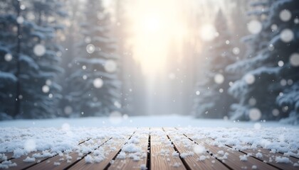 Snowflakes create a serene winter backdrop with soft bokeh and wooden floor for seasonal events or displays