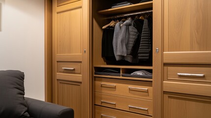 Modern light wood wardrobe with clothes and drawers.