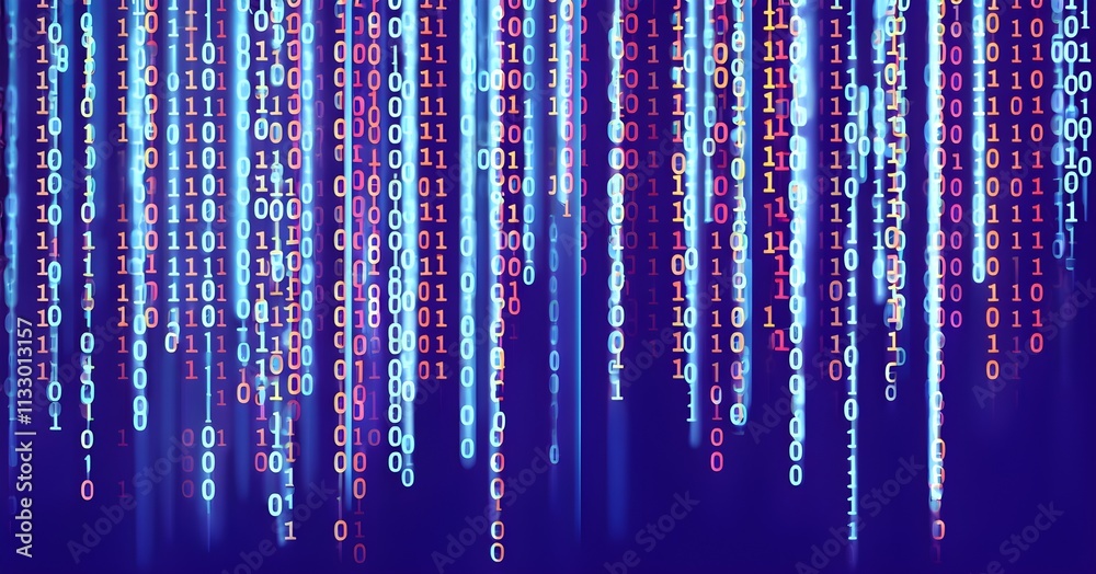 Poster abstract animation of binary code cascading down like digital rain, representing data insights, pastel hues