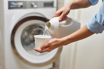 female hand pours liquid transparent laundry detergent or conditioner into plastic cap against blurred washing machine.