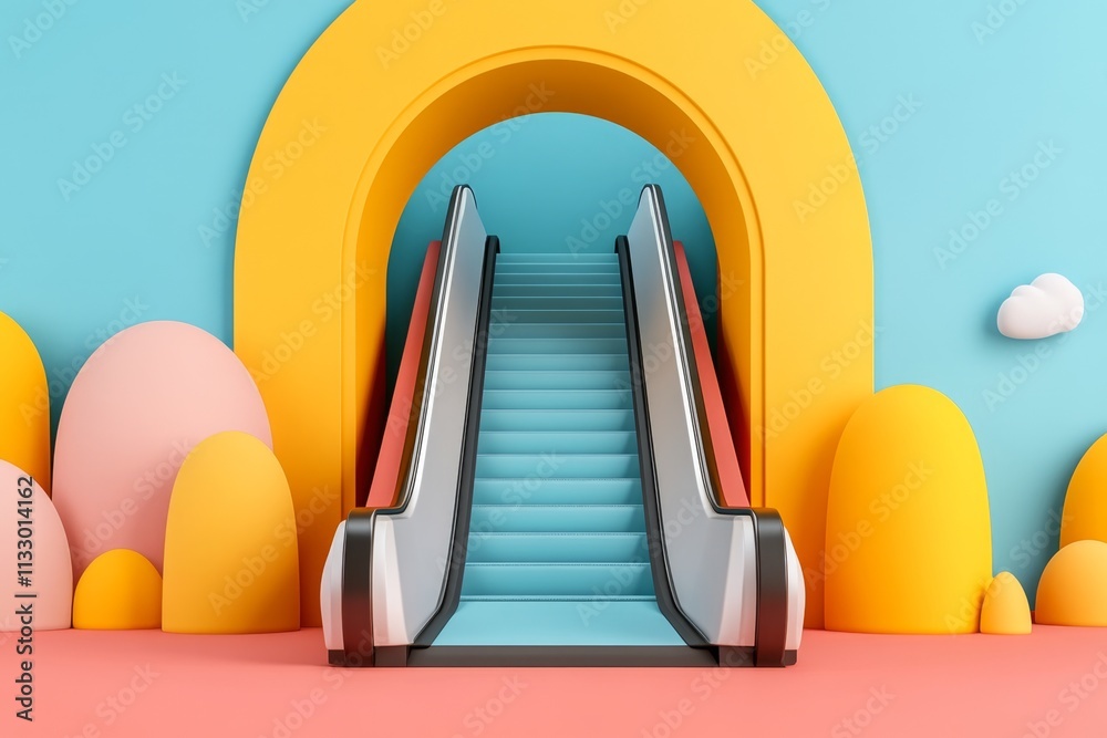 Poster a bold graphic of a curved escalator pathway represented with clean, dynamic shapes, isolated on a s