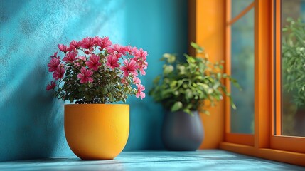 Fototapeta premium Colorful potted flowers by a sunny window