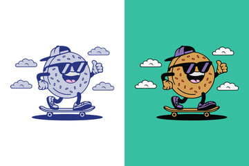 Cute Biscuits, cookie mascot character playing skateboard and retro character illustration 