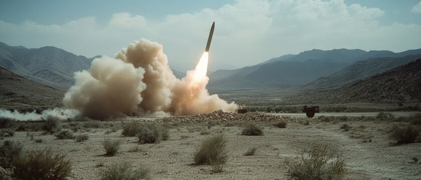 A missile launch unfolds amid vast desert terrain, capturing the dramatic power and precision of advanced technology.
