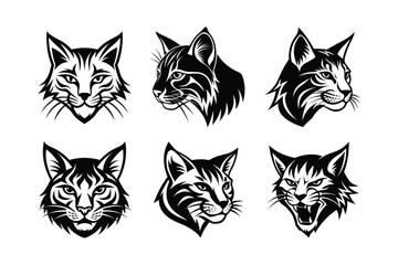 Fototapeta premium Various styles of a bobcat's logo, labeled linocut low vector design illustration.