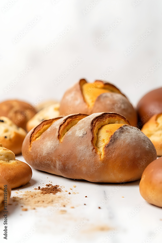 Poster Freshly baked bread and a variety of pastries are arranged in a neat display on a clean white background with health food concepts nearby._00002_