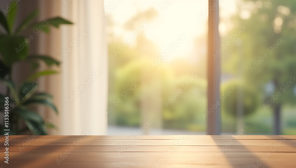 Poster fresh morning light filters through a blur of curtain behind a wooden table, situated near a large g