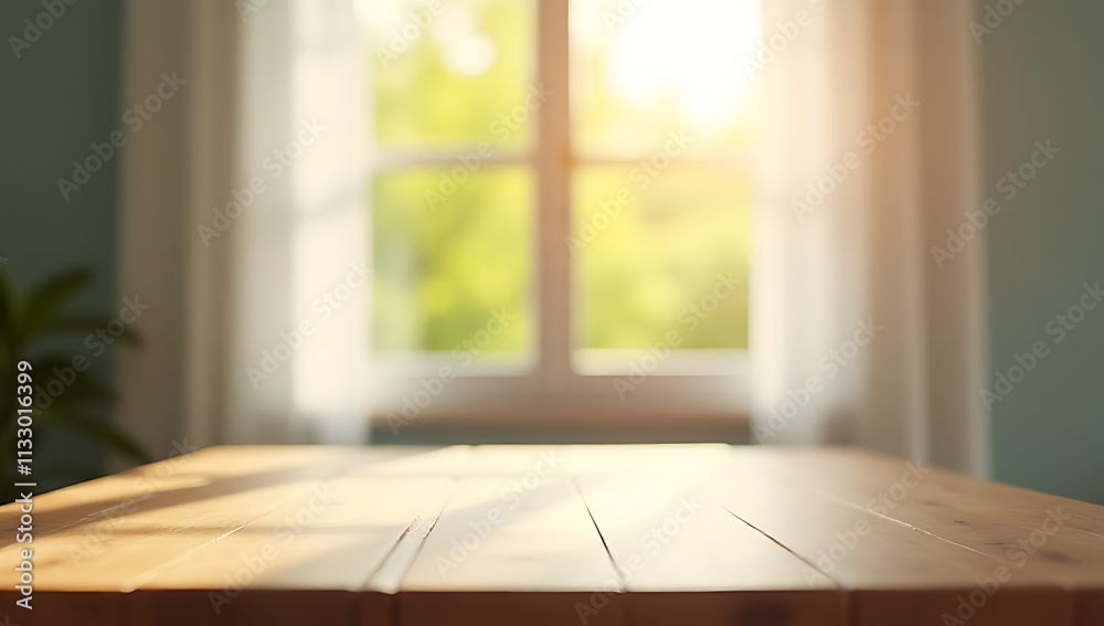 Poster fresh morning light filters through a blur of curtain behind a wooden table, situated near a large g