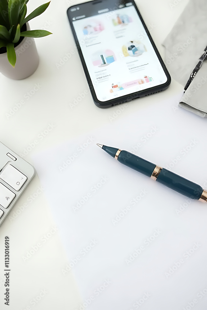 Poster Flat lay design concept featuring a business idea with a digital device screen on a white desk workspace background._00002_