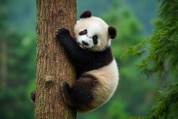 Fototapeta premium Panda playing in the forest, holding onto trees. AI generated illustration.