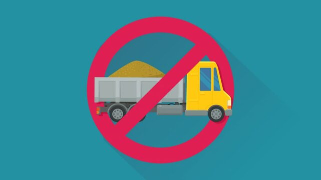 Appearance of a crossed out red circular prohibition symbol on a dump truck on a blue background with a long shadow in a flat design style