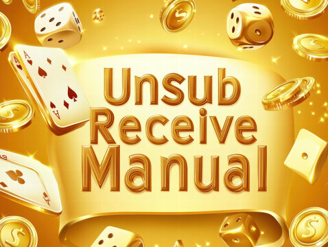 Golden casino themed design featuring dice, playing cards, and coins surrounding bold text that reads Unsub Receive Manual on glowing banner. vibrant composition evokes excitement and luxury