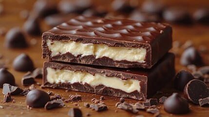 Two pieces of creamy filled dark chocolate, broken to reveal the filling, surrounded by chocolate chips.