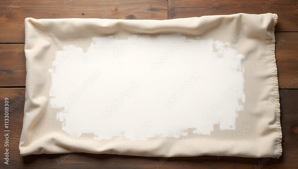 Poster Fabric or napkin placed on a wooden table with a clipping path for use as a design element or background image._00001_