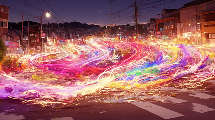 Swirling display of colorful light trails in an urban setting at dusk.