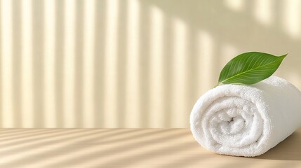 rolled white spa towel resting on sleek wooden surface with single vibrant green leaf placed on top golden sunlight