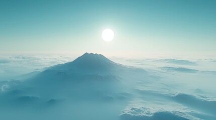 Serene Aerial View of Snow-Capped Mountain Under Bright Sun in Clear Blue Sky