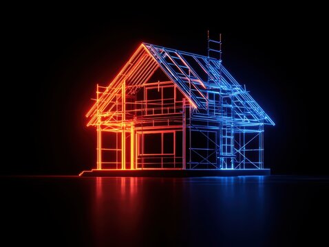 Artistic depiction of a home glowing in two halves one under renovation symbolizing loans driving transformation and profit