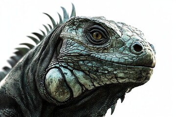 Obraz premium Close-up of an iguana with its head tilted, on a white background. AI generated illustration