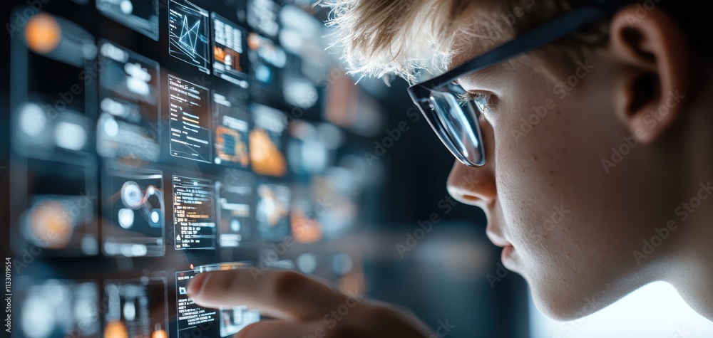 Poster Big data personalization segmentation concept. A focused youth interacts with digital displays, highlighting technology, data, and learning in a modern, illuminated environment.