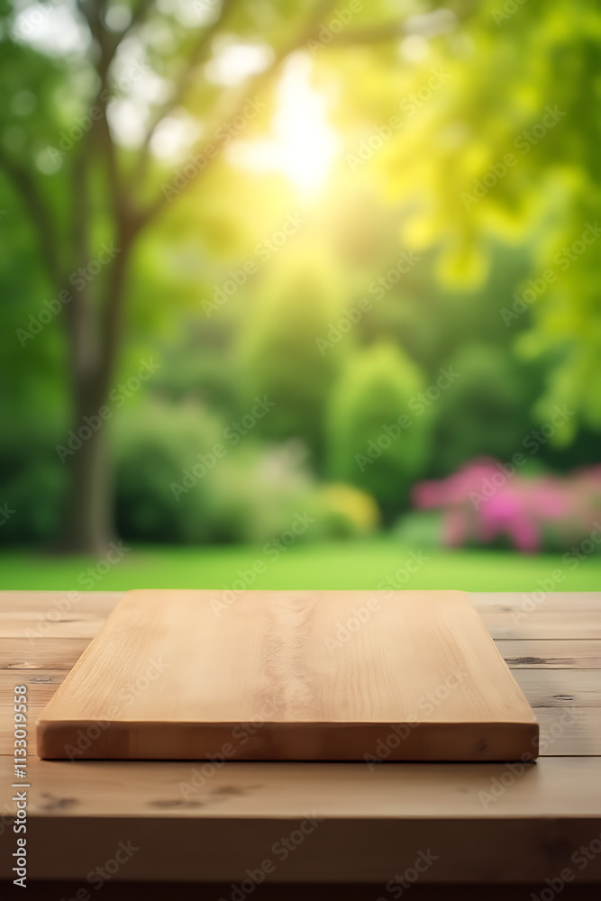 Poster End grain wood countertop with cutting board on a blurred green tree and garden backdrop in a morning light setting._00002_
