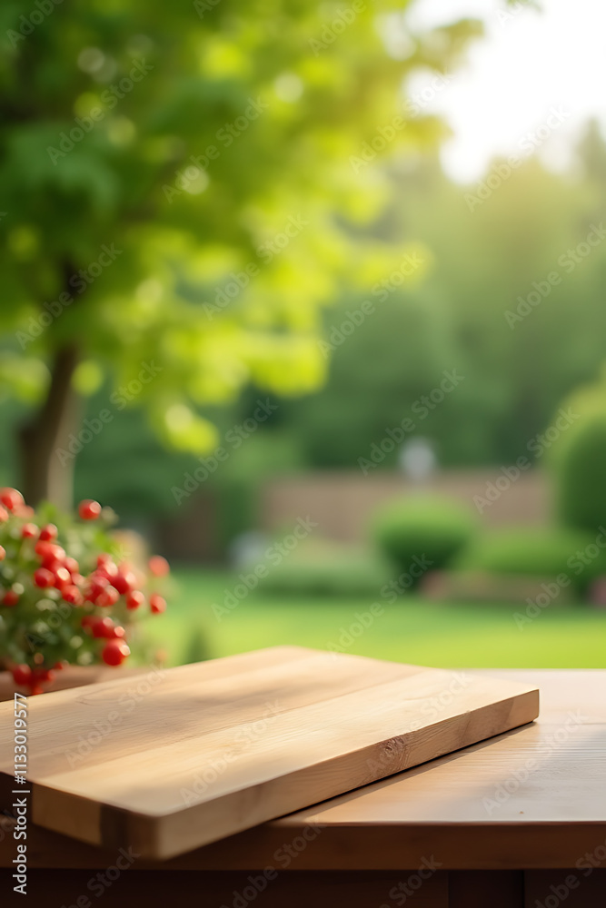 Poster End grain wood countertop with cutting board on a blurred green tree and garden backdrop in a morning light setting._00001_