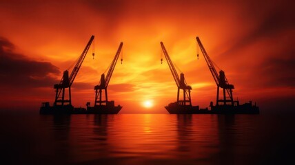 Obraz premium A stunning sunset silhouette of cranes at a dock, reflecting on calm waters, creating a serene and industrial atmosphere.