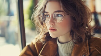 Young Woman in Glasses with Thoughtful Expression