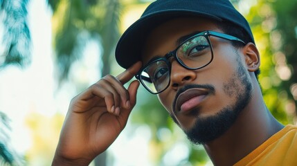 Thoughtful Man in Glasses and Hat in Nature Background
