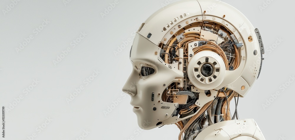 Leinwandbilder A futuristic robotic head showcasing intricate machinery and design elements, emphasizing the blend of technology and human-like features.