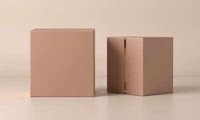 Obraz premium A mocha mousse-colored luxury perfume box with a sleek, modern design. The box is made from textured cardboard with glossy