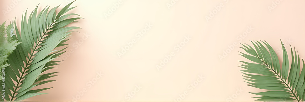 Poster Delicate tropical palm leaves and monstera create a calming atmosphere against a soft pastel colored background with ample copy space._00001_