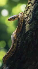 Fototapeta premium A dangerous venomous snake slithering up a tree's trunk.