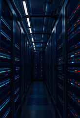 Fototapeta premium A long and narrow server room with a blue hue and multiple server racks, highlighting the technological infrastructure and data storage concept.