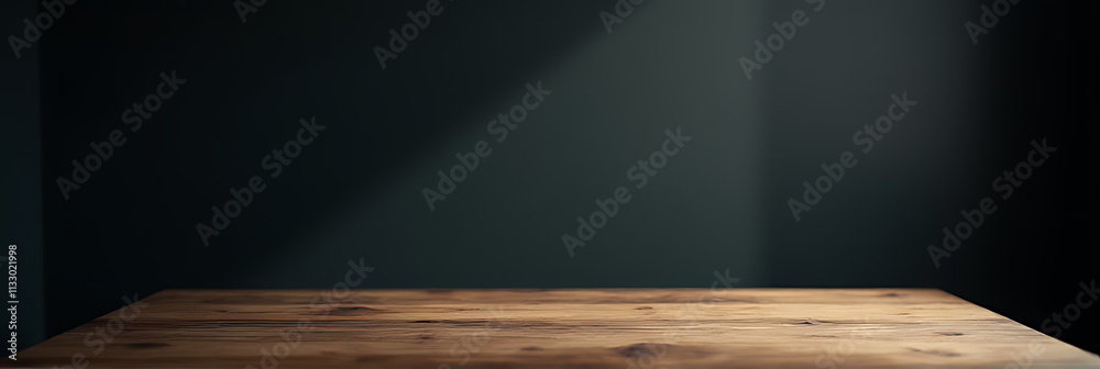 Poster dark room interior design background features a real wood table top texture for creating product dis