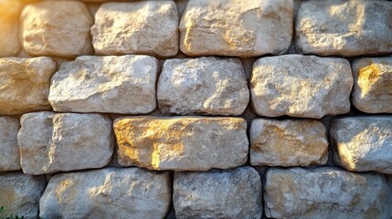 Obraz premium Close-up of a sunlit stone wall with light beige and yellow stones.
