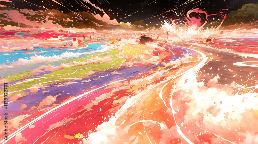 Wall mural abstract landscape filled with colorful waves and swirling patterns.