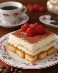 A delicious dessert of tiramisu topped with raspberries, accompanied by coffee.